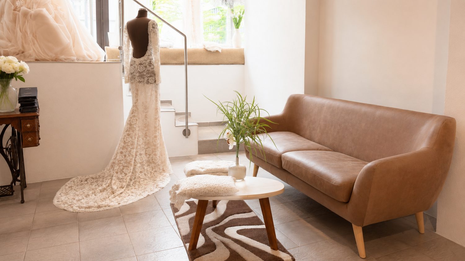 Gemütlicher Wartebereich mit Sofa im Atelier Rikelmys