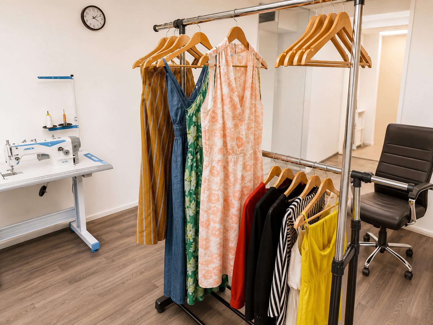 Nähwerkstatt mit Nähmaschine und Kleiderstange im Atelier Rikelmys