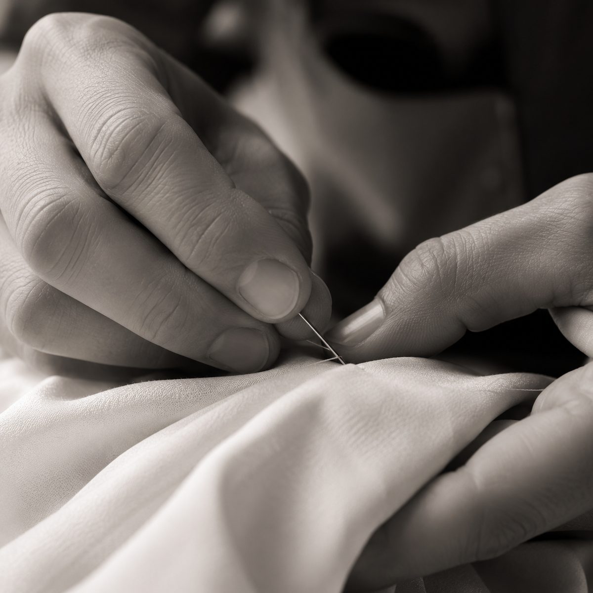 Hände beim Nähen von Hand an feinem Stoff, Atelier Rikelmys